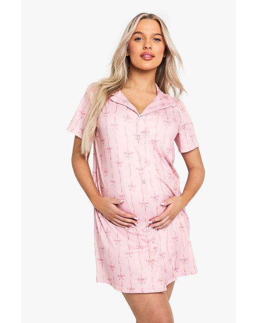 Boohoo Pink Maternity Bow Print Button Through Collar Nightie