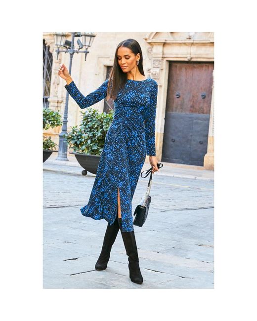 Sosandar Blue Heart Print Ruched Front Midi Jersey Dress