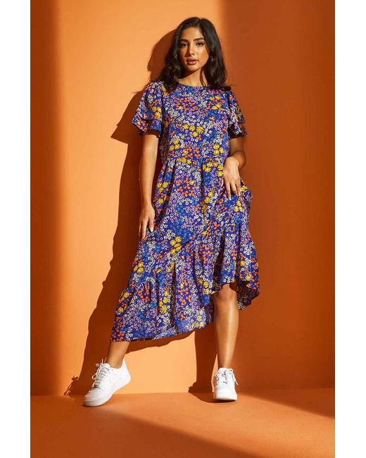 Urban Bliss Blue Bianca Floral Ruffle Midi Dress