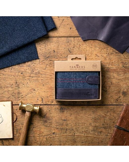 Woodland Leathers Blue Genuine Leather Rfid Wallet With Tweed Details, Slim Bifold Card Holder for men