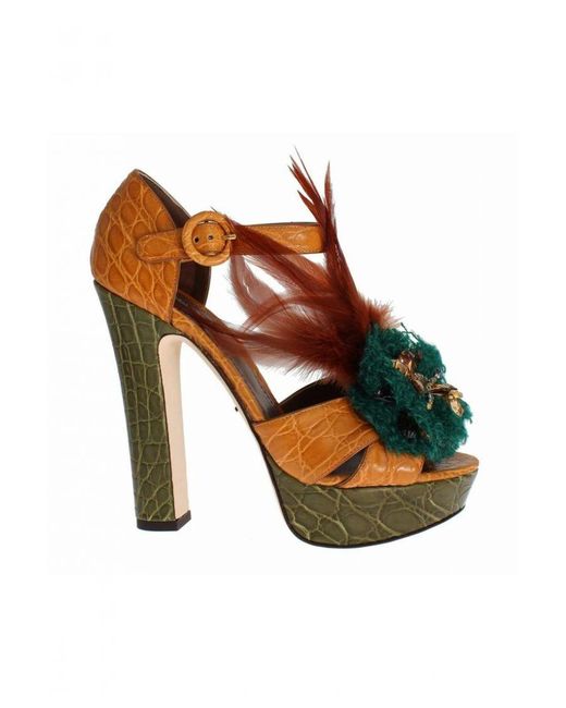 Dolce & Gabbana Brown Orange Leather Crystal Platform Sandal Shoes