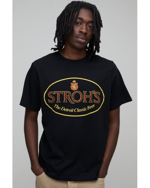 BoohooMAN Black Regular Stroh's Beer License Print T-Shirt for men