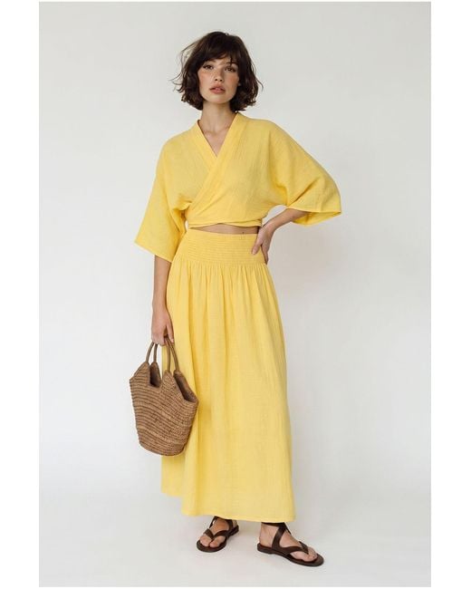 Bianco Lucci Yellow Cotton Two-Piece Blouse And Midi Skirt Set