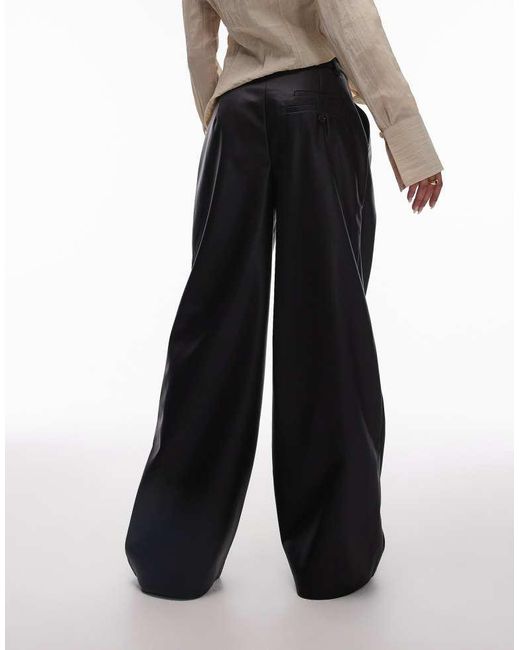 TOPSHOP Black Faux Leather Wide Leg Tailored Trouser