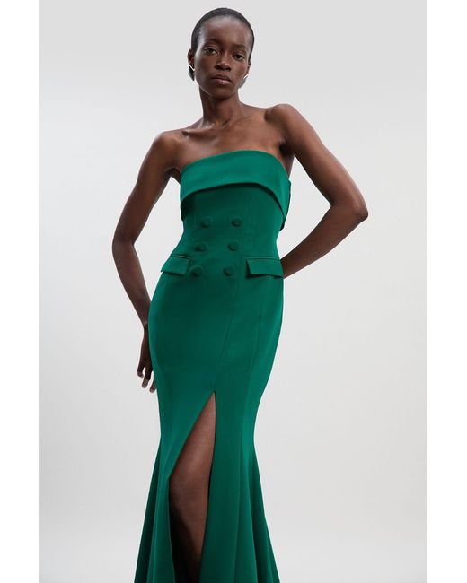 Karen Millen Green Polished Tailored Bandeau Tux Maxi Dress