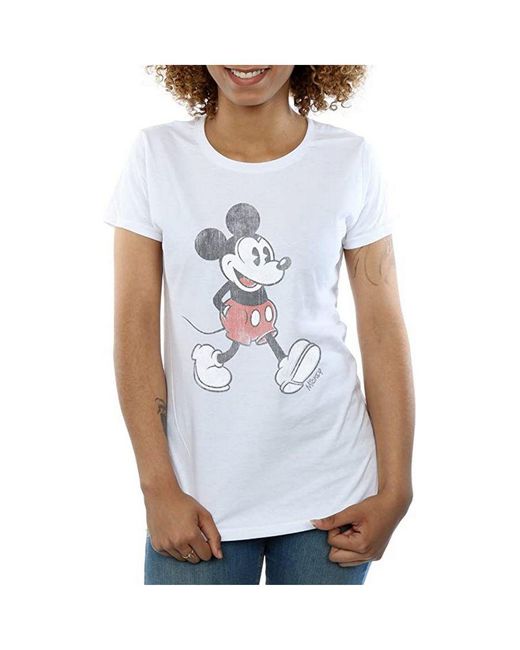 Disney White Ladies Walking Mickey Mouse Cotton T-Shirt ()