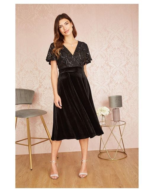 Yumi' Natural Embellished Velvet Wrap Skater Midi Dress