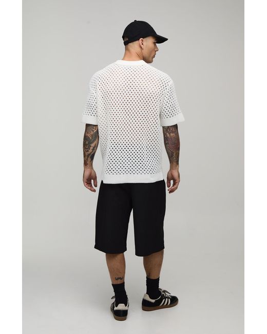 BoohooMAN White Relaxed Open Stitch Knitted Polo for men