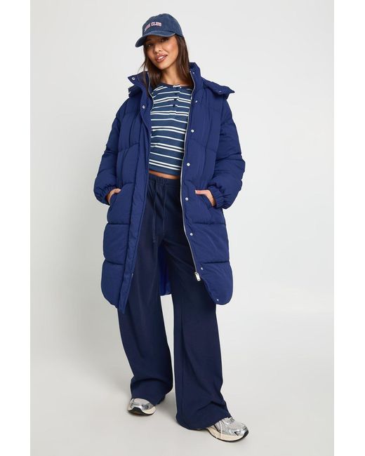 Boohoo Blue Textured Hooded Maxi Puffer