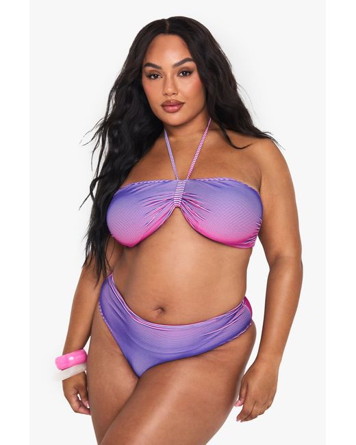 Boohoo Purple Plus Textured Stripe Bandeau Bikini
