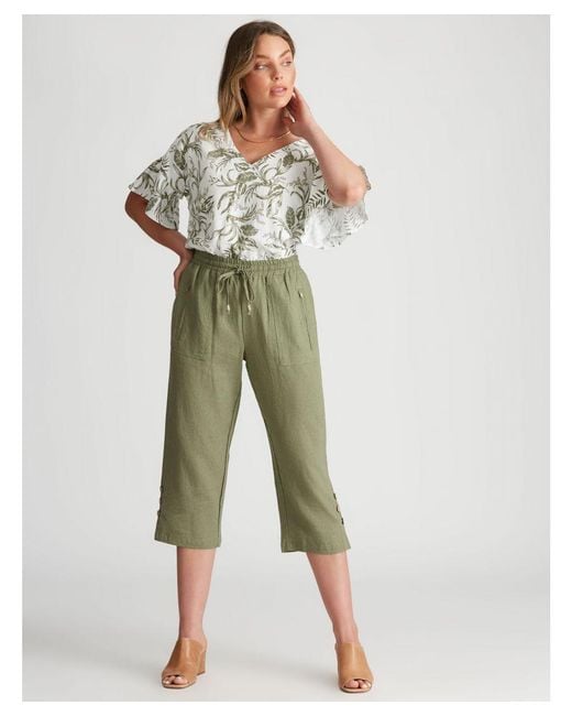 Rockmans Green Crop Linen Button Pants