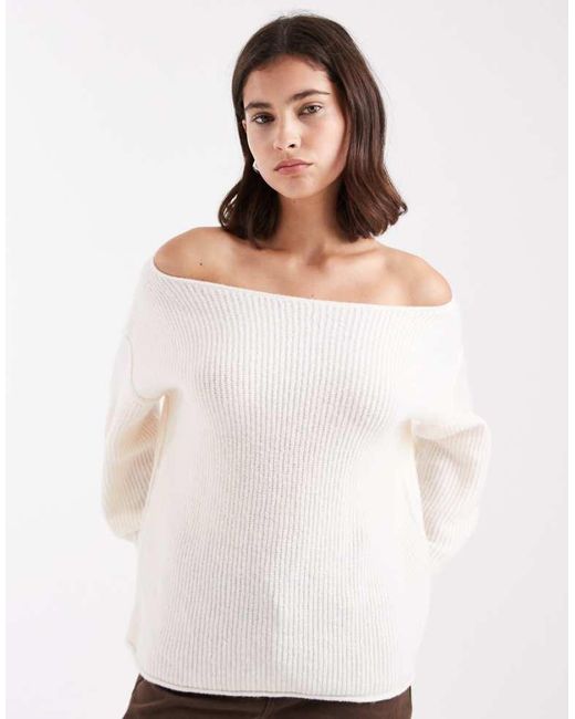Miss Selfridge White Asym Off The Shoulder Slouchy Cosy Knit Jumper