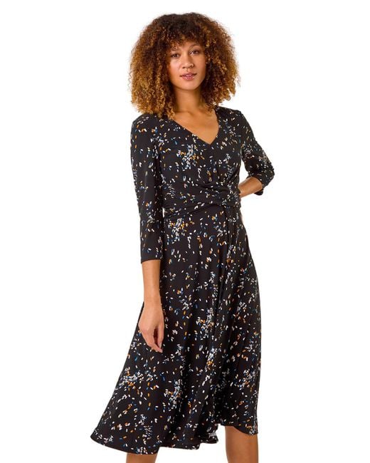 Roman Black Confetti Print Twist Midi Dress