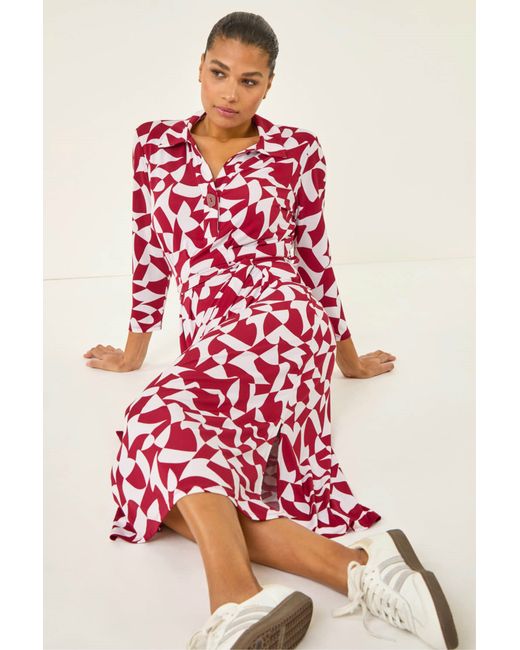 Roman Red Abstract Geometric Shirt Dress
