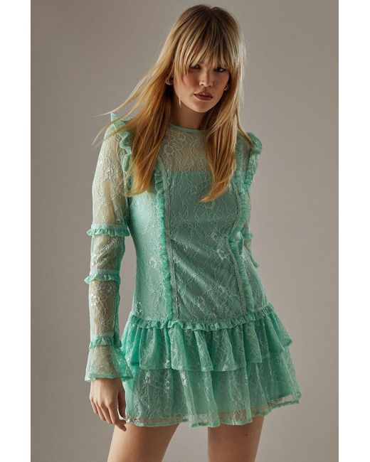 Warehouse Green Lace Ruffle Insert Mini Dress