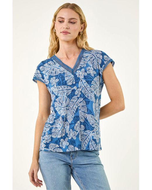 Roman Blue Leaf Print Lace Trim Top