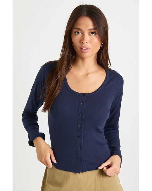 Boohoo Blue Ribbed Button Through Scoop Neck Long Sleeve Top