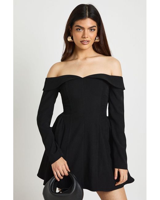 Boohoo Black Long Sleeve Bardot Structured Skater Dress