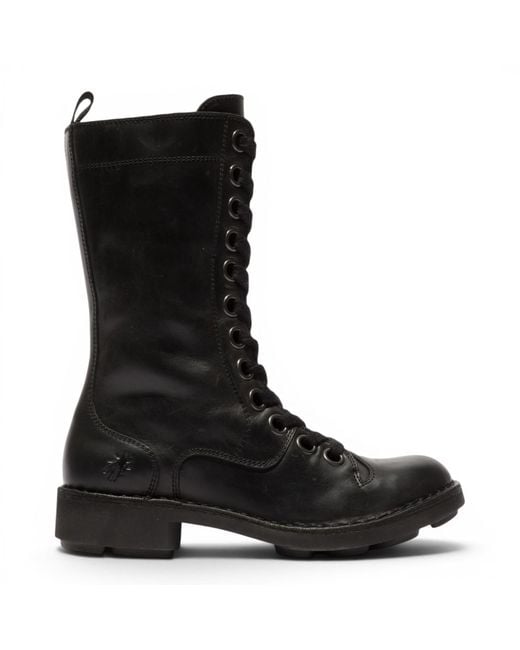 Fly London Black Leather Lace-Up Combat Ankle Boots- Nole176