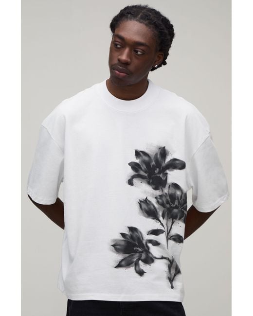 BoohooMAN White Oversized Boxy Blurred Floral Print T-Shirt Cotton for men