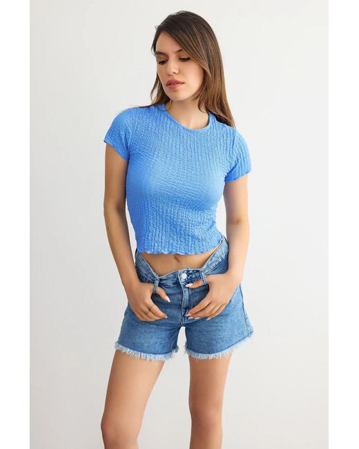 Hiccup Blue Short-Sleeve Round Neck Cropped Top
