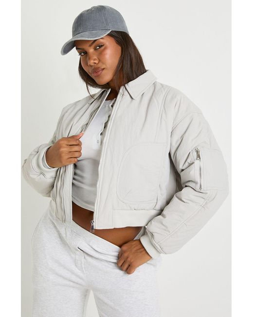 Boohoo Gray Ruched Sleeve Bomber Jacket