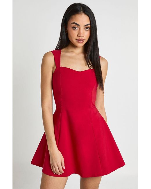 Boohoo Red Bengaline Sweetheart Neck Cap Sleeve Skater Dress