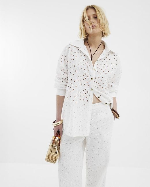 River Island White Shirt Long Sleeve Oversized Broderie Cotton