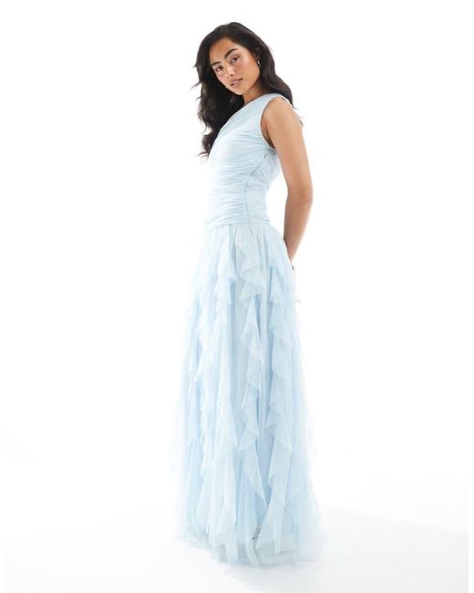 LACE & BEADS Blue Bridesmaid One Shoulder Waterfall Ruffle Maxi Dress