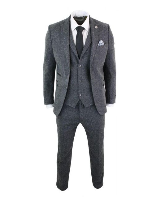 TruClothing Black 3 Piece Herringbone Tweed Suit Wool Blend for men