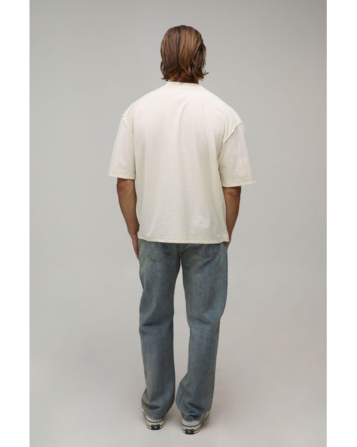 BoohooMAN Natural Oversized Boxy Exposed Seam New Jersey Print T-Shirt Cotton for men