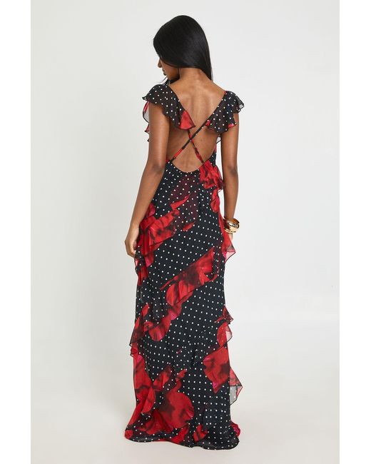 Boohoo Red Chiffon Ruffle Floral Polka Dot Maxi Dress