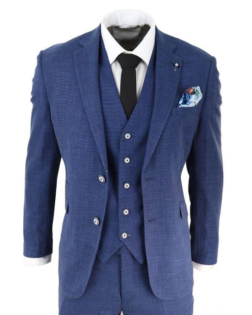 Infinity Leather Blue 3 Piece Linen Summer Spring Classic Suit for men
