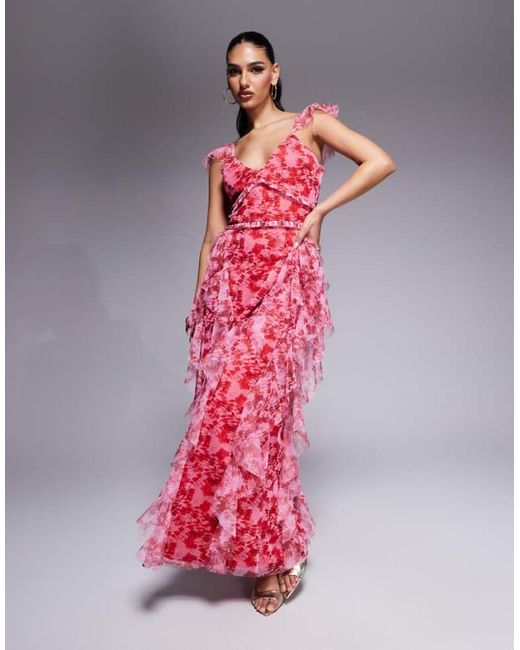 LACE & BEADS Pink Ruffle Midaxi Tulle Dress
