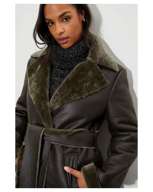 Dorothy Perkins Green Luxe Faux Fur Belted Wrap Coat