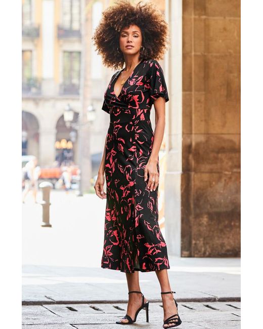 Sosandar White Floral Print Wrap Front Midi Jersey Dress