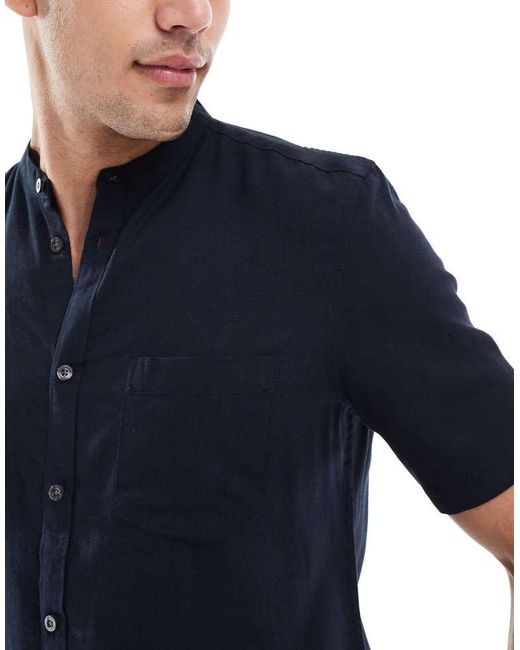 French Connection Blue Short Sleeve Linen Henley Shirt for men