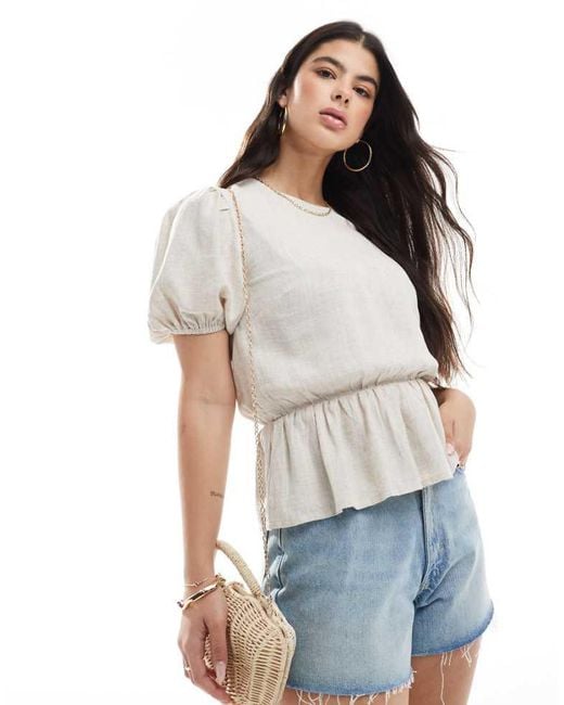 ASOS White Linen Look Peplum Top With Puff Sleeve
