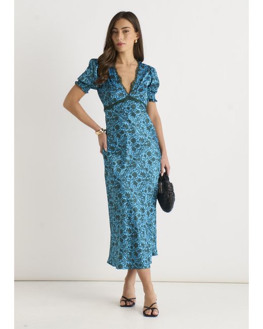 Gini London Blue Floral Lace Trim V Neck Midi Dress