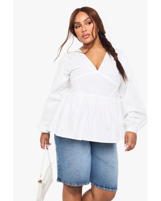 Boohoo White Plus Cotton Poplin Blouson Sleeve Smock Top