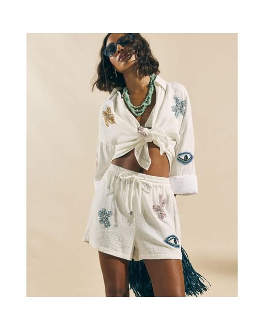 River Island Natural Embellished Beach Shorts Cotton