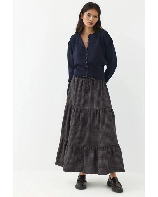 Hiccup Black Elastic Waist Check Knotted Tiered Maxi Skirt