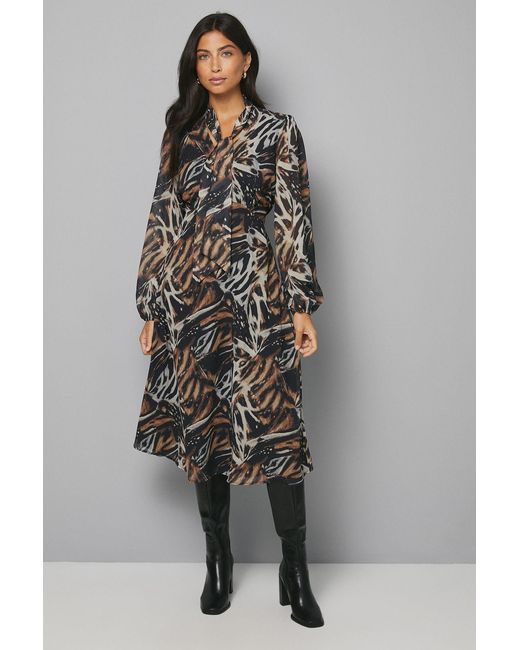 Wallis Gray Abstract Animal Pussybow Tie Neck Midi Dress