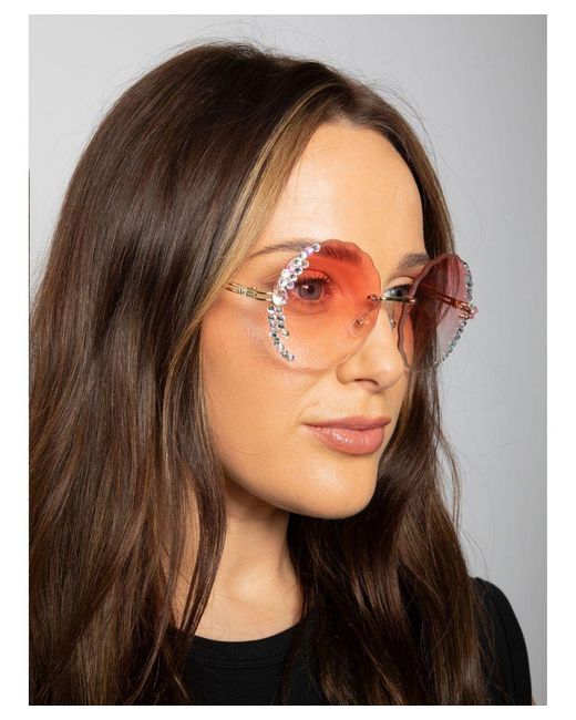 SVNX Pink Oversized Round Frameless Sunglasses With Crystal Detail
