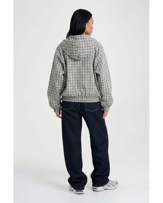 Boohoo Gray Check Hooded Track Jacket