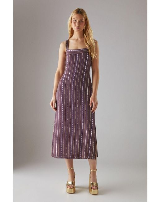 Warehouse Purple Hand Embellished Sequin Square Neck Strappy Midi Dress