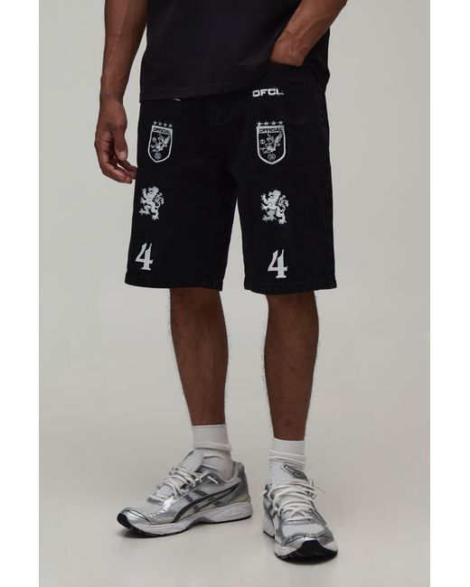 BoohooMAN Black Relaxed Badge Applique Denim Shorts for men