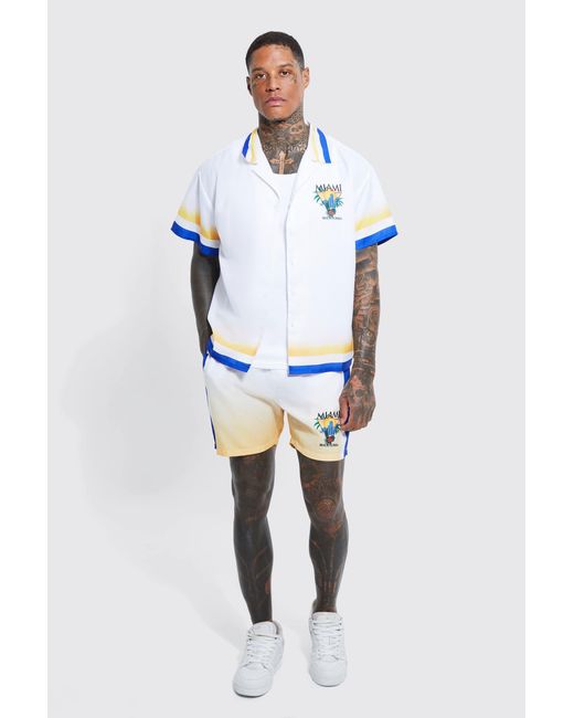BoohooMAN Blue Regular Fit Miami Border Shirt And Short Set for men