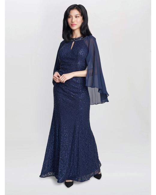 Gina Bacconi Blue Florence Keyhole Neck Chiffon Sequin Lace Fit And Flare Maxi Dress