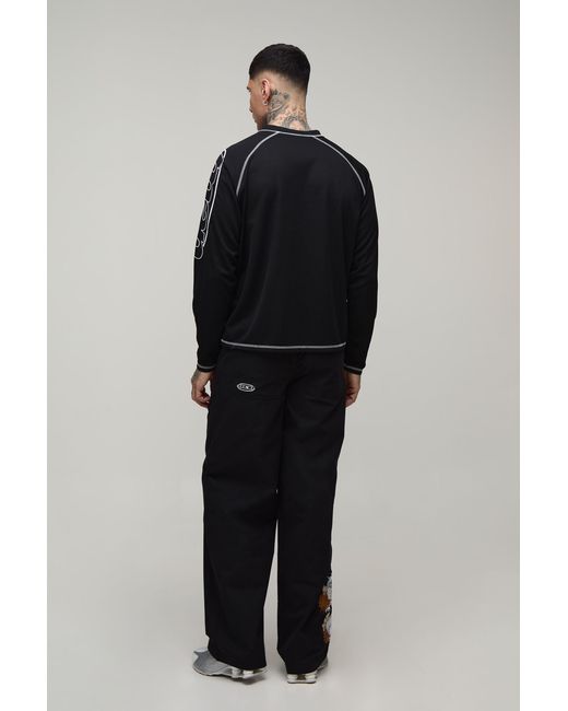 BoohooMAN Black Tall Baggy Fit Dragon Embroidery Elasticated Pants for men